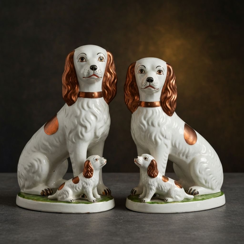 ILMUTOTO Pair of Staffordshire spaniel dogs with puppies, Victorian pottery